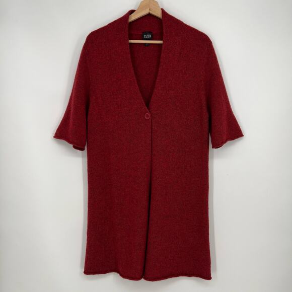 Eileen Fisher Cardigan Italian Merino Wool Blend Large Button Short Sleeve Red - Picture 1 of 10